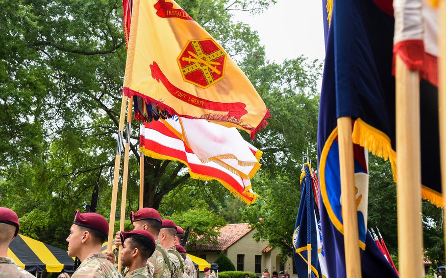 The new Fort Liberty garrison flag flies Friday, June 2, 2023, during a ceremony to mark the change in name of the post formerly known as Fort Bragg in North Carolina. 