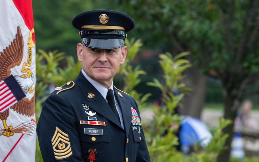 Sgt. Maj. of the U.S. Army Michael R. Weimer swears in as the 17th sergeant major of the Army during the change of responsibility ceremony at Joint Base Myer-Henderson Hall in Arlington, Va., Friday, Aug. 4, 2023.