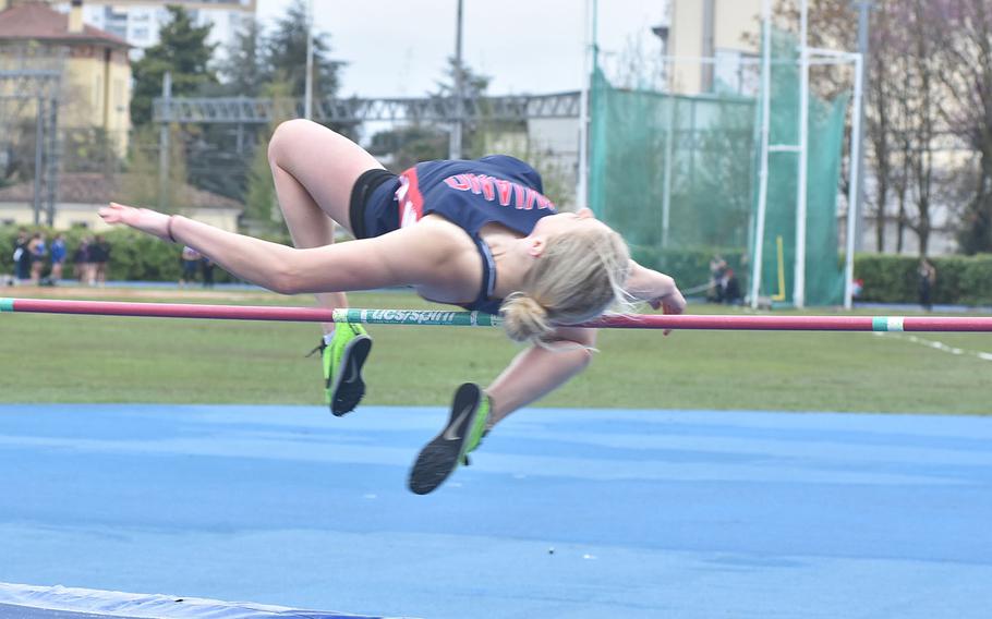 Aviano's Kayla Graney just clears the bar in the high jump Saturday, April 23, 2022, at a DODEA-Europe track meet in Pordenone, Italy. Graney and teammate Autumn Thomas tied for first by clearing 4 feet, 7 inches.