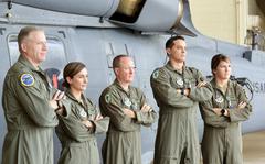 Brig. Gen. David Eaglin, commander of the 18th Wing, far left, poses with Maj. Grace Gibbens, left to right, Maj. Andrew Travis, Capt. Anthony Delgado and Tech. Sgt. Shelby Duncan at Kadena Air Base, Okinawa, Feb. 8, 2023.