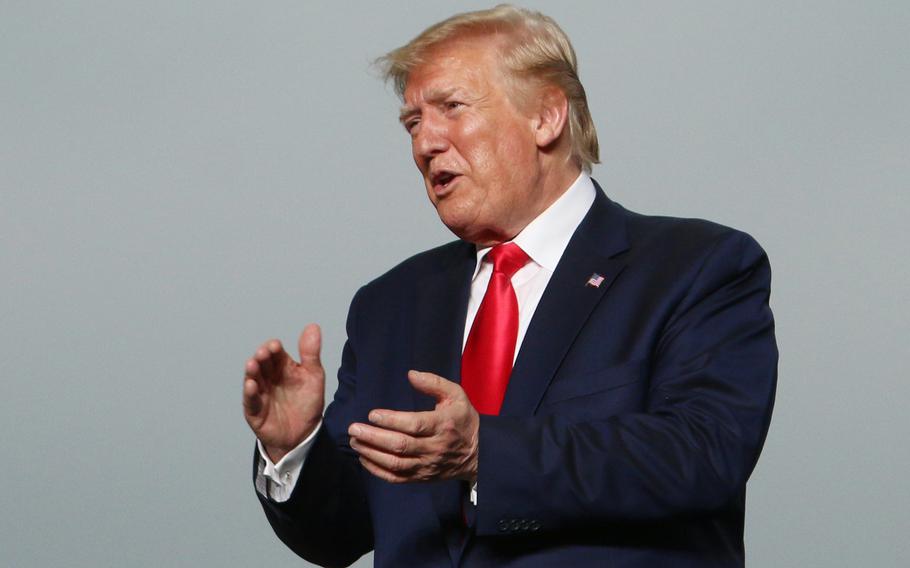 Then-President Donald Trump visits U.S. troops at Osan Air Base, Republic of Korea, on June 30, 2019.  According to reports on Friday, April 29, 2022, a lengthy criminal investigation against Trump appears to be fizzling out without charges, people familiar with matter said