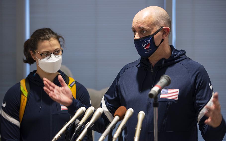 U.S. women’s Olympic fencing team head coach Andrey Geva speaks to reporters after landing in Iwakuni, Japan, Tuesday, July 13, 2021.