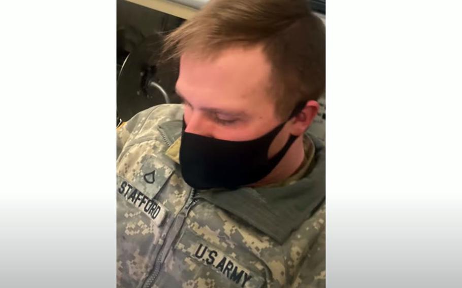 This screenshot from a YouTube video shows Spc. Hunter Trey Stafford, 21, who was found dead at his home in Fairbanks, Alaska, Dec. 8, 2021. He was an aircraft powerplant repairer with the 1st Battalion, 25th Aviation Regiment at Fort Wainwright. 