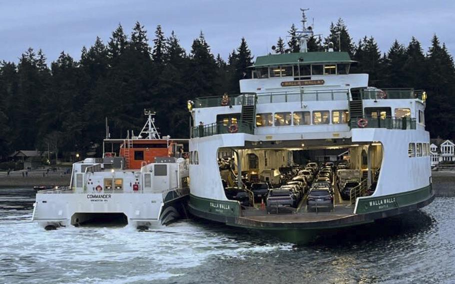 Coast Guard crews and vessels responded to the grounding of the Washington State Ferry Walla Walla in Rich Passage, on Saturday, April 15, 2023.