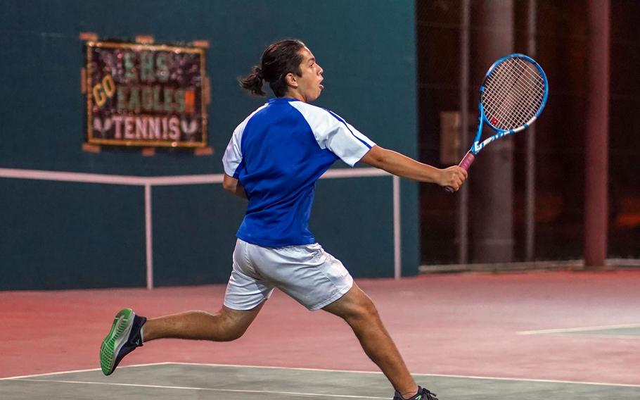 Hyrum Wise of Yokota won both of his singles matches over the weekend against Zama and Robert D. Edgren.