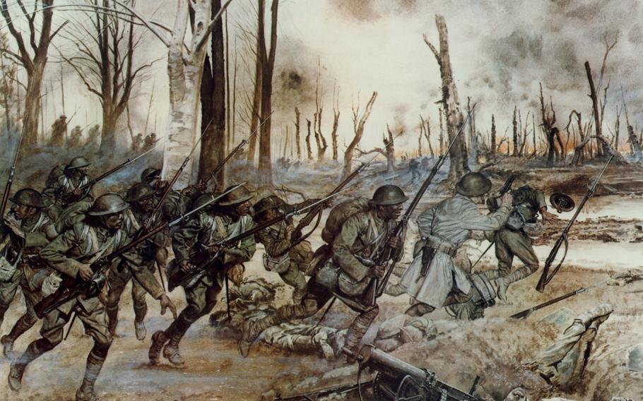 In this National Guard historic painting by H. Charles McBarron, soldiers of the 369th Infantry Regiment go into action near Sechault, France, on September 29, 1918 during the Meuse-Argonne offensive. The unit was dubbed the Hellfighters by the Germans, and while the nickname has been used for more than 100 years, it was only officially recognized by the Army in September 2020.

New York National Guard