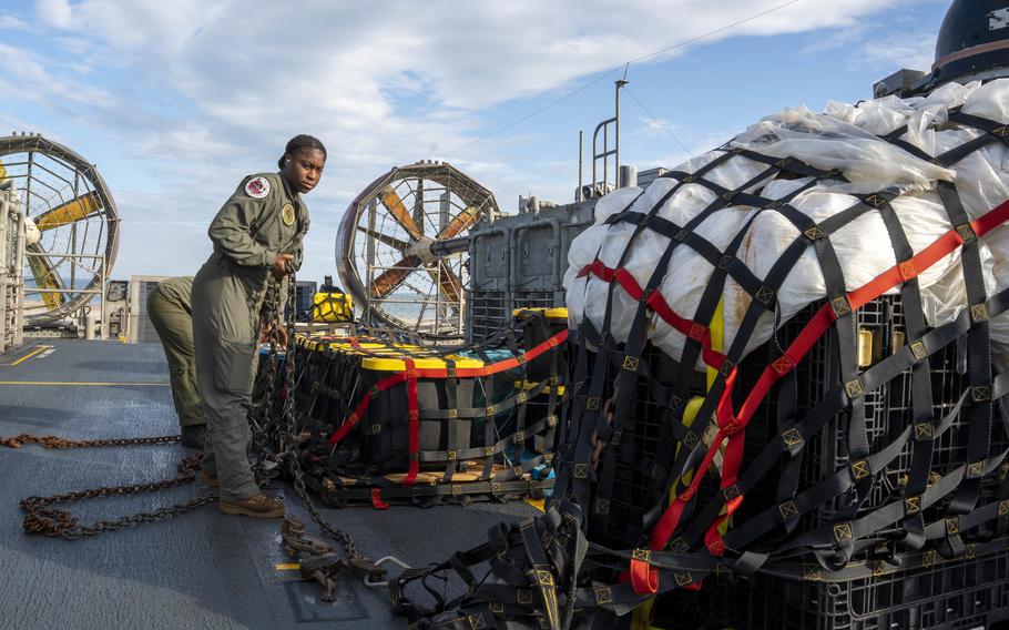 Sailors assigned to Assault Craft Unit 4 prepare material recovered in the Atlantic Ocean from a high-altitude balloon for transport to federal agents at Joint Expeditionary Base Little Creek, Feb. 10, 2023. The Chinese surveillance balloon that hovered over the United States two months ago might have picked up some intelligence from sensitive military sites, but it would be nothing more valuable than what Beijing could already collect with its satellites, the Pentagon said Monday, April 3.