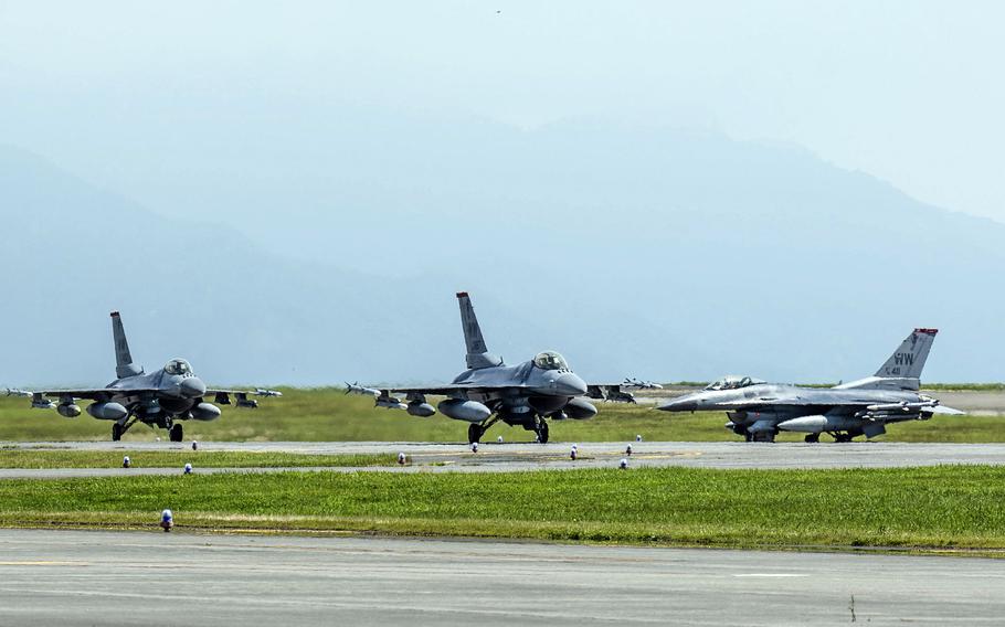 F-16 Fighting Falcons assigned to the 13th Fighter Squadron arrive at Marine Corps Air Station Iwakuni, Japan, as part of the Northern Edge exercise, July 2, 2023. 