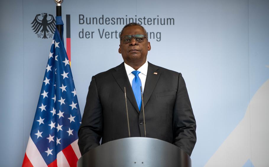 Defense Secretary Lloyd Austin participates in a joint press briefing with former German Defense Minister Annegret Kramp-Karrenbauer in Berlin, April 13, 2021. Austin is slated to meet with his counterparts from NATO and other nations on April 26 at Ramstein Air Base, Germany, to discuss current and future defense needs of Ukraine. 