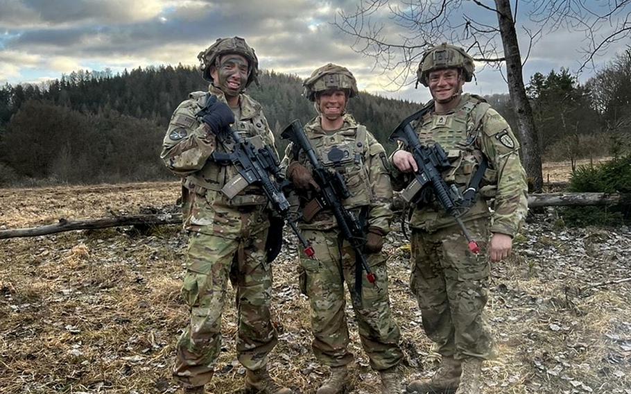 U.S. Soldiers assigned to 4th Security Forces Assistance Brigade advise Latvian soldiers with operations, planning and execution during exercise Allied Spirit 22 at the Joint Multinational Readiness Center in Hohenfels, Germany, Jan. 31, 2022. S