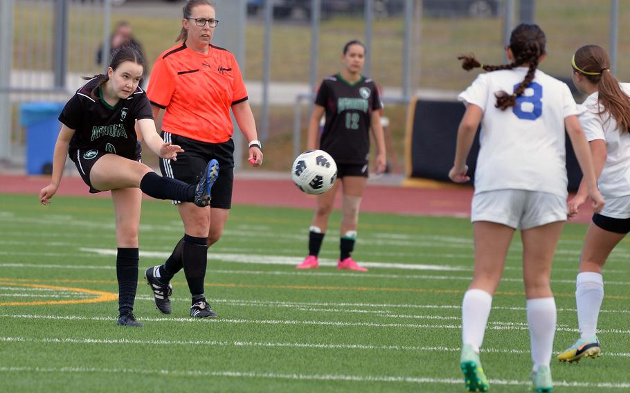 AFNORTH’s Victoria Hellebust takes a shot on goal in the Lions’ 4-2 win over Sigonella in the girls Division II final at the DODEA-Europe soccer championships in Ramstein, Germany, May 22, 2025.