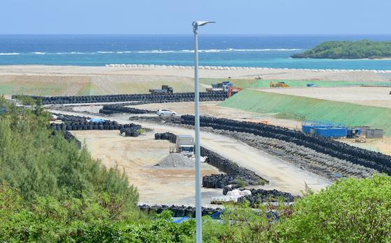 Work continued on a Marine Corps runway into Oura Bay at Camp Schwab, Okinawa, Sept. 15, 2022.