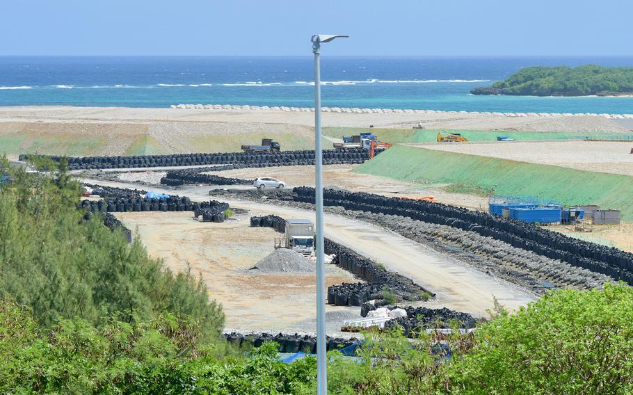 Work continued on a Marine Corps runway into Oura Bay at Camp Schwab, Okinawa, Sept. 15, 2022.