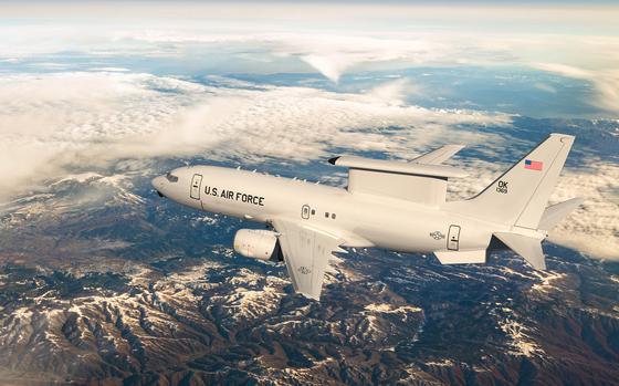 An artist's depiction shows an E-7A in flight. The E-7A is the  Defense Department's future airborne early warning and control plane, and is scheduled to replace the E-3 Sentry Airborne Warning and Control System. 