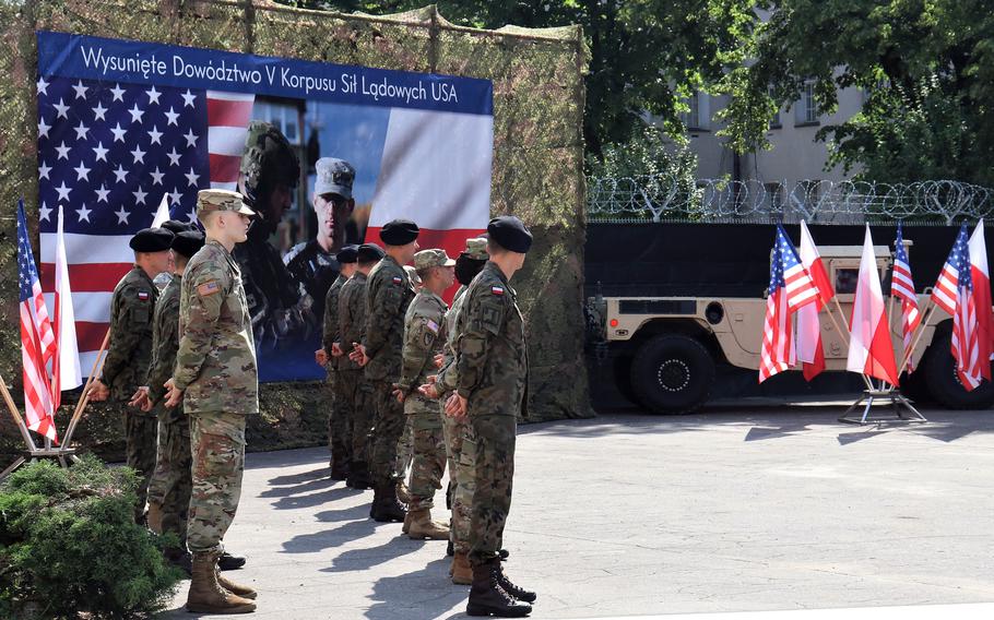 V Corps Forward marks its arrival in Poznan, Poland, with a ceremony on July 15, 2021. Plans are in the works for construction of a new $30 million U.S. Army command hub as well as a $7 million information systems facility in Poznan.