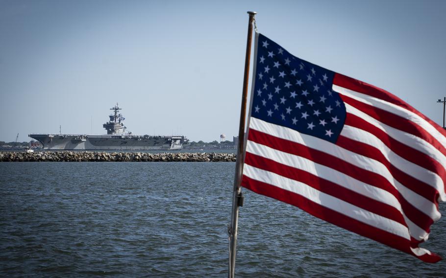 The Nimitz-class aircraft carrier USS George H.W. Bush (CVN 77), along with the staff of carrier Strike Group 10, returns to Naval Station Norfolk following an eight-month deployment, Sunday, April 23, 2023. The George H.W. Bush CSG was deployed to the U.S. Naval Forces Europe area of operations, employed by U.S. Sixth Fleet to defend U.S., allied and partner interests.