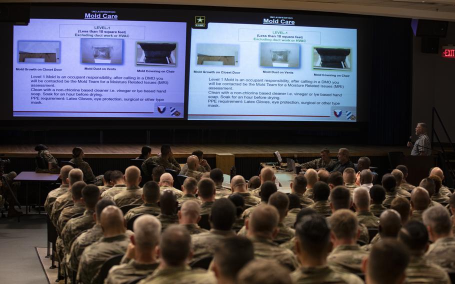 Soldiers assigned to the 3rd Infantry Division and Fort Stewart-Hunter Army Airfield in Georgia receive a briefing on mitigating mold growth in military facilities, Sept. 12, 2022.