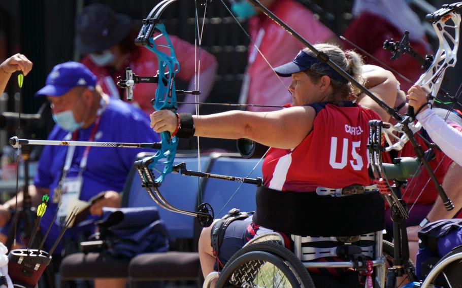 Army veteran Lia Coryell competes in the Paralympics’ W1 para-archery category at Yumenoshima Park in Tokyo, Friday, Aug. 27, 2021.