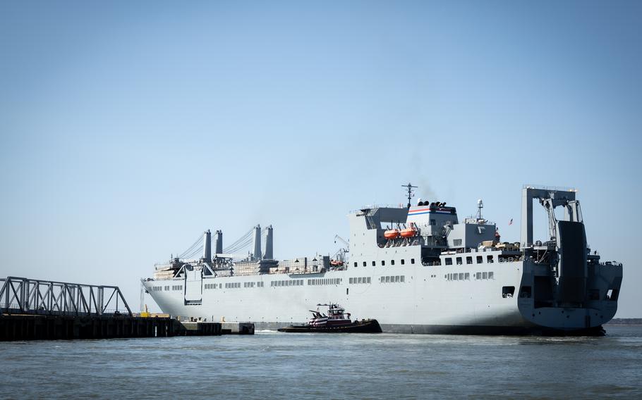 The MV Roy Benavidez gets underway March 21, 2024, from Newport News, Va., heading to the eastern Mediterranean Sea  to support the humanitarian response mission in Gaza.