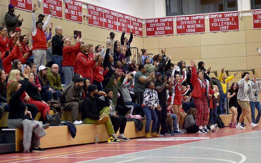 The crowd at Kaiserslautern High School reacts after the final buzzer during the Raiders' 43-41 win over SHAPE on Friday evening in Kaiserslautern, Germany.