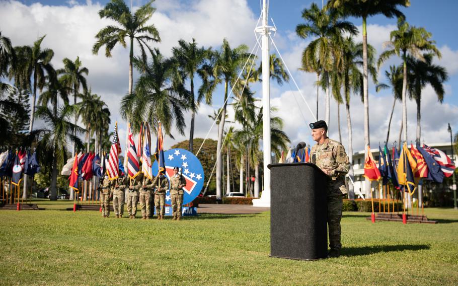 U.S. Army Gen. Charles A. Flynn, incoming commanding general of U.S. Army Pacific, gives remarks during the USARPAC change of command ceremony June 4, 2021, at Fort Shafter, Hawaii.