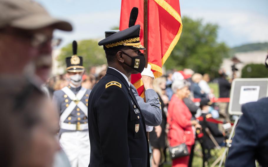 Virginia Military Institute Superintendent Cedric T. Wins stands on the parade grounds before leading the Change of Commany ceremony at the school in Lexington, Va., on May 14, 2021. 