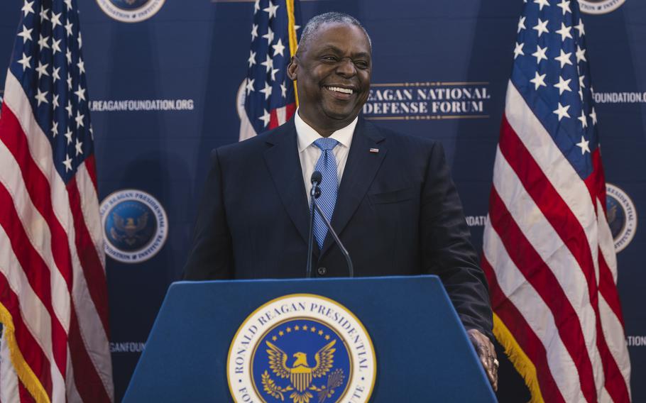 Secretary of Defense Lloyd J. Austin III delivers the keynote address at the 2023 Reagan National Defense Forum at the the Ronald Reagan Presidential Library, Simi Valley, Calif., Dec. 2, 2023.