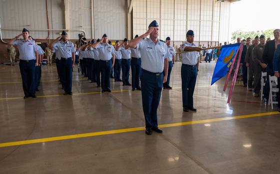 U.S. Air Force Col. Layne Trosper, plans and resources division chief, Air Force Recruiting Service, leads the AFRS flight first salute to new commander Brig. Gen. Christopher Amrhein after his assumption of AFRS command at Joint Base San Antonio-Randolph June 2, 2022. Members of AFRS, who accession more than 31,000 members each year, with emphasis on recruiting people with no prior military service into one of more than 130 enlisted career opportunities, plus recruit prior and non-prior service officer candidates for Officer Training School at Maxwell Air Force Base, Ala., and recruit chaplains and medical professionals such as physicians, dentists, nurses, healthcare administrators and biomedical science corps members. (U.S. Air Force photo by Airman 1st Class Gabriel Jones)