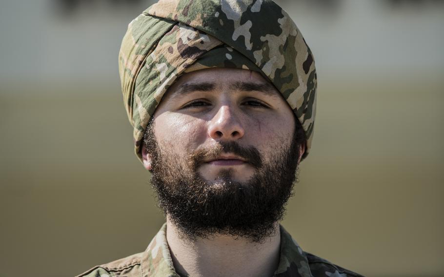 Senior Airman Dominic Varriale, shown here in 2020 at Hurlburt Field, Fla., was the first member of Air Force Special Operations Command to get a religious waiver. Varriale is allowed to wear a turban and beard as part of his Sikh faith. Three prospective Marine recruits filed suit in federal court recently, saying the service’s denial of their Sikh religious accommodation requests is discriminatory.