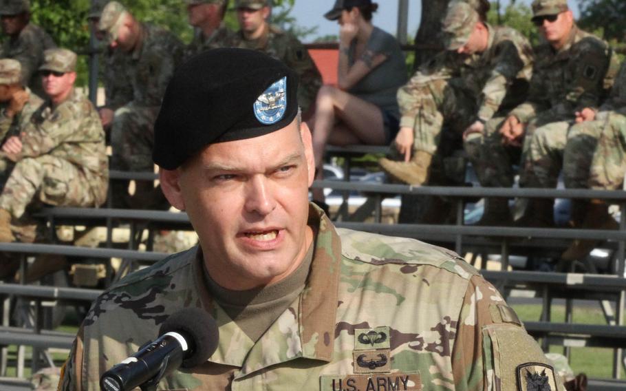  Col. Matthew Foulk, 35th Theater Tactical Signal Brigade Commander, gives his entrance speech during a change of command ceremony on July 19, 2019.  Foulk was removed from command Monday “due to a loss of confidence” in his ability to command after a misconduct probe was conducted, according to an Army statement. (U.S. Army)