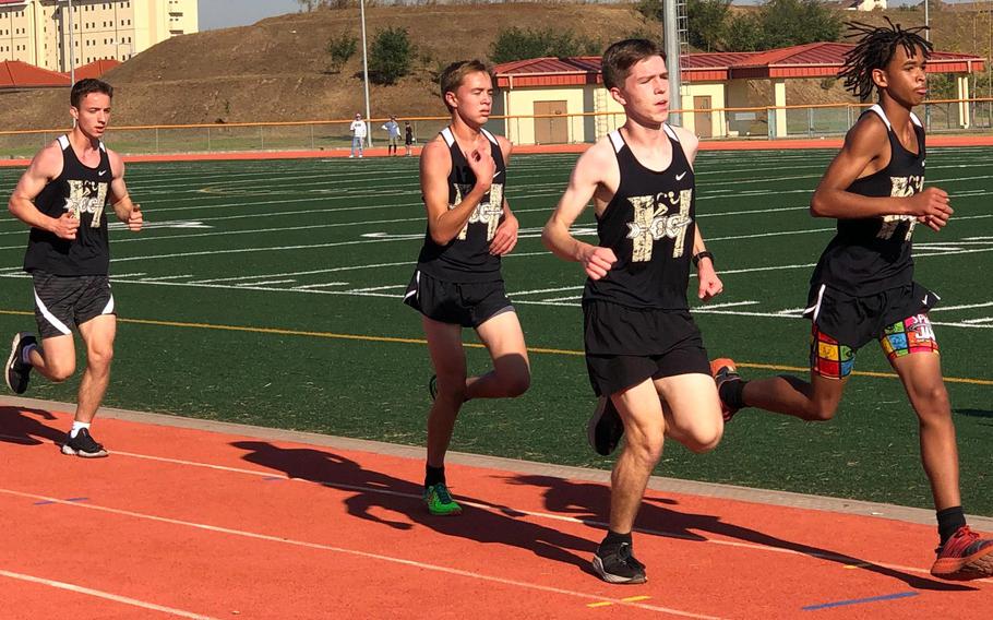 Sophomore Jax Watson, second from right, posted the fourth-highest time this season in DODEA-Pacific cross country.