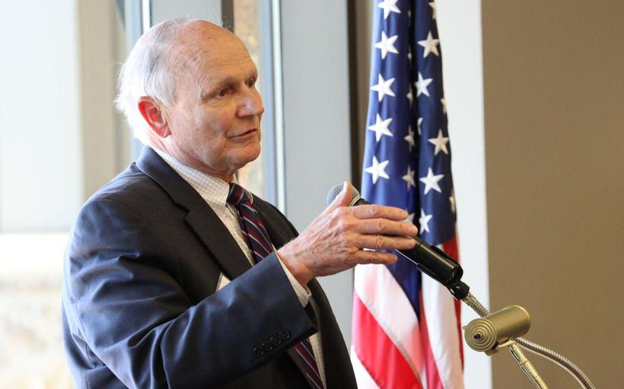 Retired Air Force General Gregory “Speedy” Martin speaks at the first National Security Strategic Studies Partnership workshop at the Eisenhower Golf Course at the Air Force Academy.