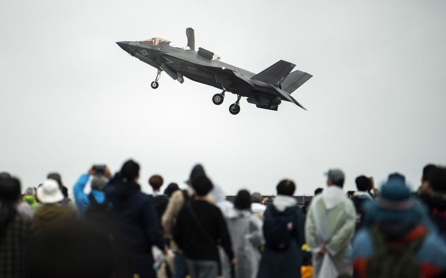 An F-35B Lightning II stealth fighter performs an aerial demonstration during the Friendship Day festival at Marine Corps Air Station Iwakuni, Japan, April 15, 2023.