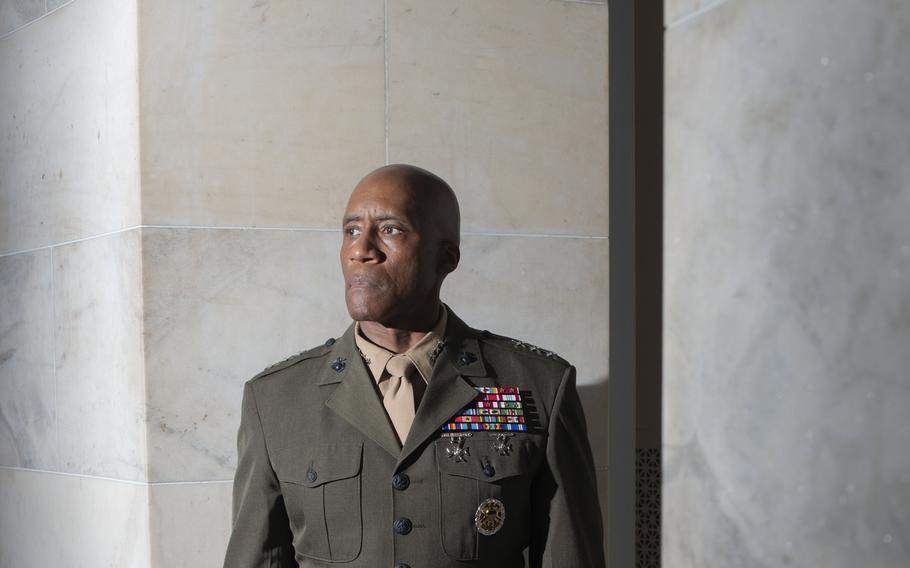 Lt. Gen. Michael E. Langley poses in the Russell Senate Office Building on July 18. He is being considered to lead the military’s Africa Command and, if promoted, would become the first Black four-star Marine Corps officer. 