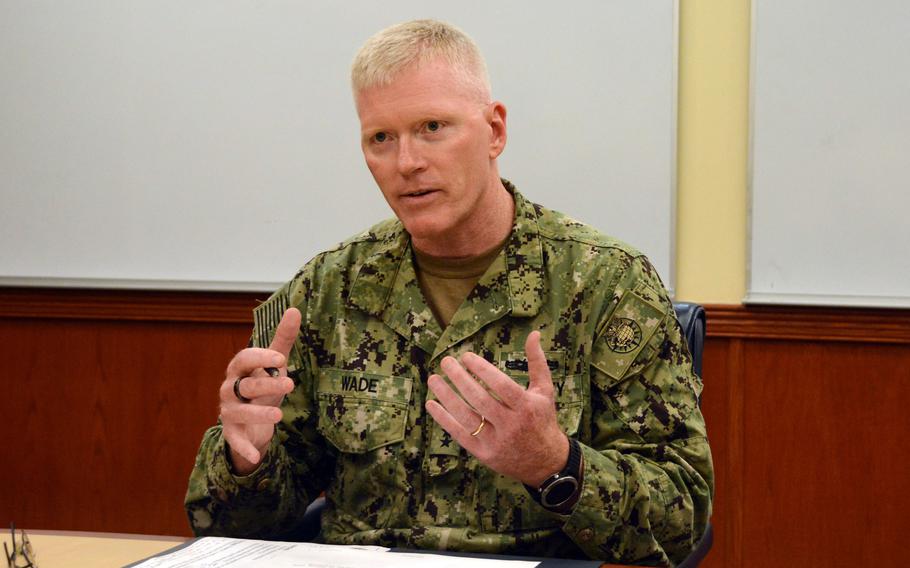 Navy Rear Adm. John Wade, commander of Joint Task Force-Red Hill, speaks with reporters on Monday, Oct. 3, 2022, from his headquarters on Ford Island, Hawaii.