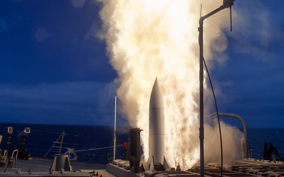 The Arleigh-Burke class guided-missile destroyer USS John Paul Jones (DDG 53) launches a Standard Missile 6 (SM-6) during a live-fire test of the ship's aegis weapons system on June 19, 2014.