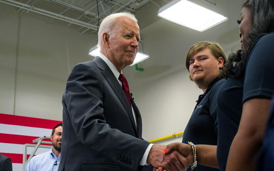 President Joe Biden visits the Lockheed Martin plant that makes Javelin anti-tank missiles in Alabama on May 3, 2022.