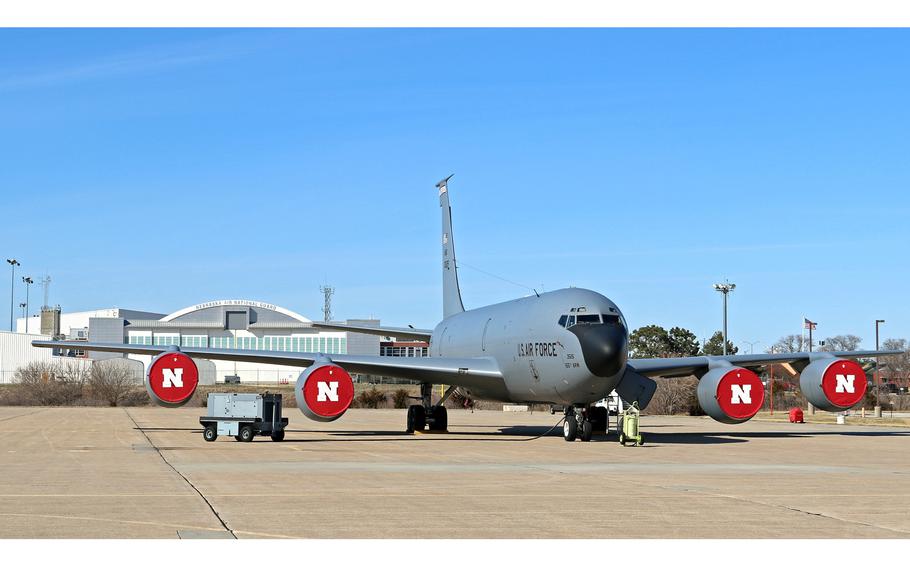 A Nebraska Air National Guard KC-135R Stratotanker assigned to the 155th Air Refueling Wing "Hustlin' Huskers" sits on display March 31, 2022. 