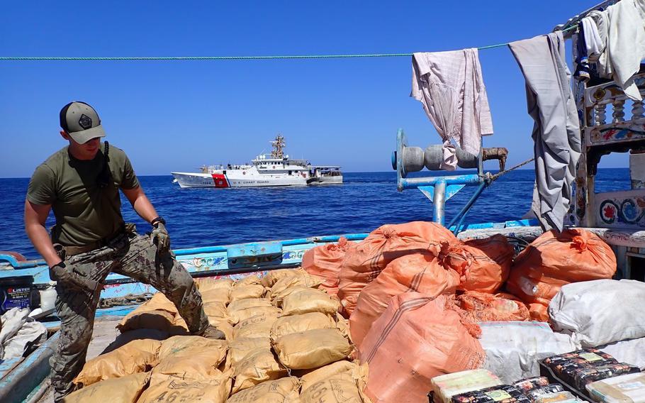 Illicit drugs seized by a Coast Guard cutter from a fishing vessel in the Gulf of Oman on Oct. 10, 2022, were worth $48 million.