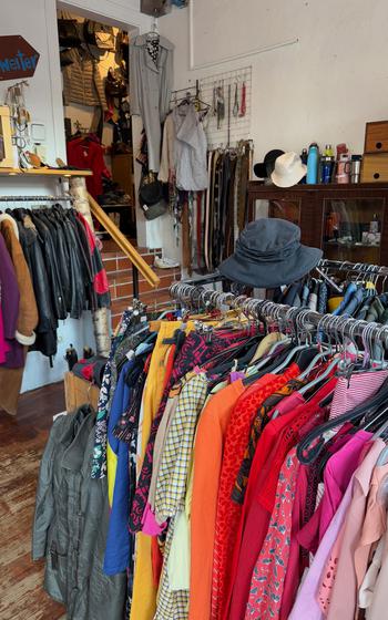 Secondhand clothes on display at a thrift shop in Frankfurt.