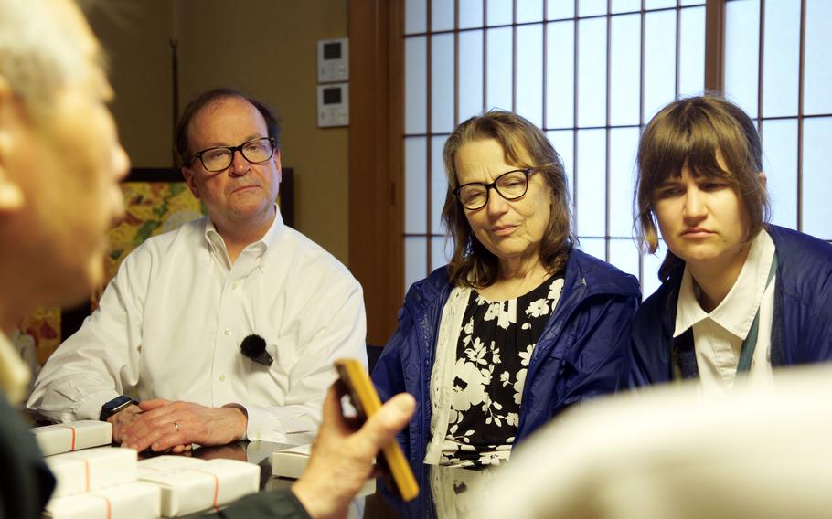 Bill O’Connor, his wife, Pamela, and their daughter, Suzanne, visit Jihoin, a Buddhist temple in Tokyo, June 9, 2023. The family traveled to the Japanese capital from their home in Richmond, Va., to learn more about the fate of Bill’s uncle, U.S. Army Air Forces 2nd Lt. Edward O’Connor.