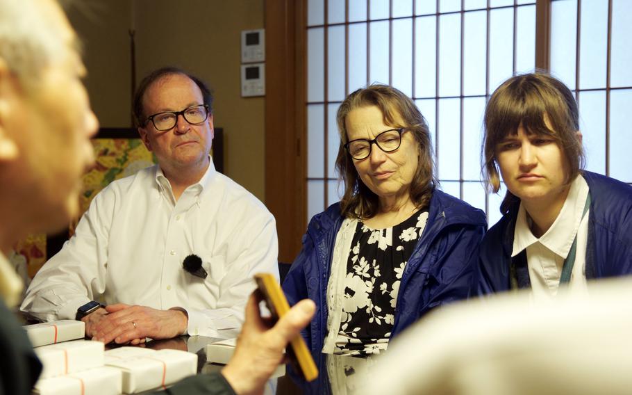 Bill O’Connor, his wife, Pamela, and their daughter, Suzanne, visit Jihoin, a Buddhist temple in Tokyo, June 9, 2023. The family traveled to the Japanese capital from their home in Richmond, Va., to learn more about the fate of Bill’s uncle, U.S. Army Air Forces 2nd Lt. Edward O’Connor.