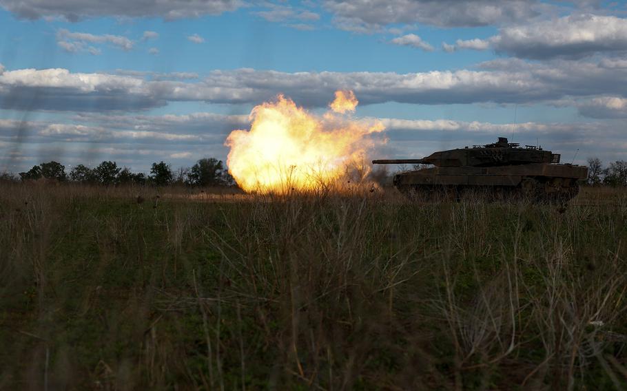 Ukrainian servicemen of the 21st Separate Mechanized Brigade fire a Leopard 2A6 tank near a front line in Donetsk region, Ukraine on May 12, 2024.
