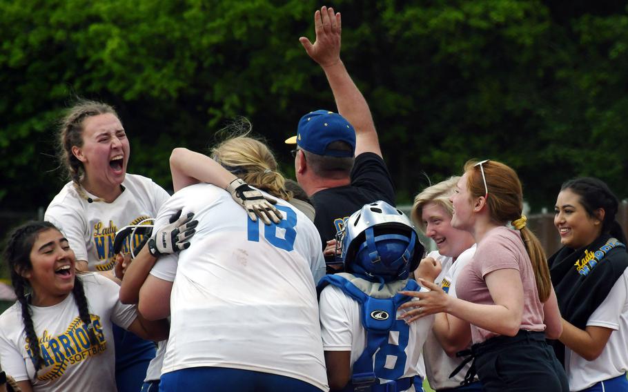 The Wiesbaden Warriors celebrate their 9-5 victory over Ramstein in the Division I DODEA-Europe softball championship game in May 2019, the last time a championship was held.