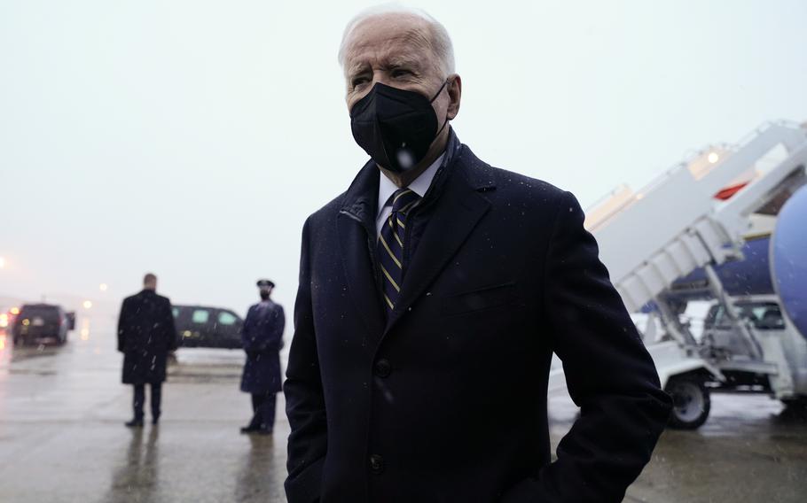 President Joe Biden speaks to reporters as he arrives at Andrews Air Force Base, Md., Friday, Jan. 28, 2022. (AP Photo/Andrew Harnik)