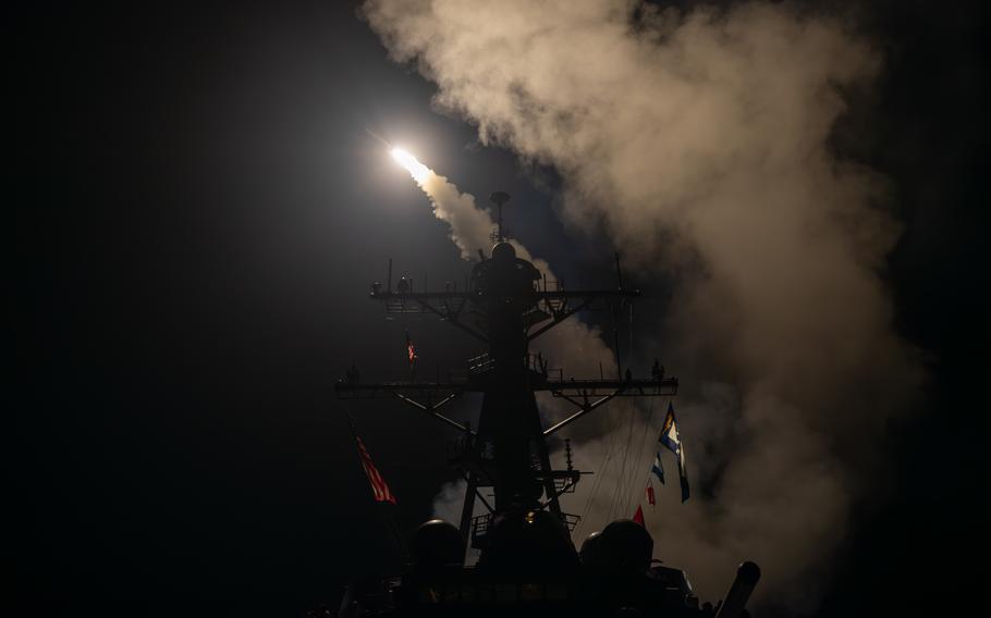 The guided-missile destroyer USS Gravely launches Tomahawk Land Attack Missiles in response to increased Iranian-backed Houthi malign behavior in the Red Sea Jan. 12, 2024.