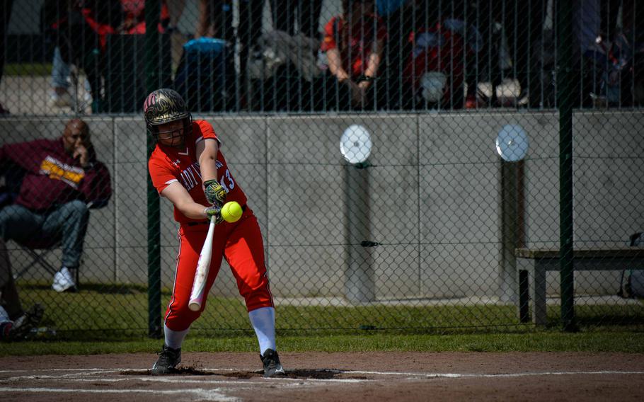 Lakenheath Lancer Sarah Branthoover swings against Vilseck during the DODEA-Europe Softball Championships in Kaiserslautern, Germany, May 18, 2023. 