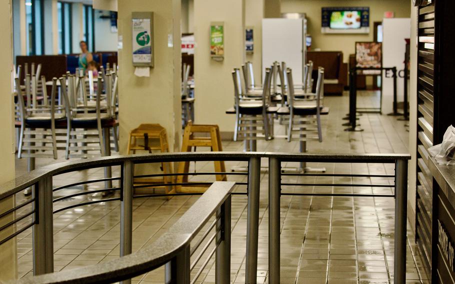 The main food court at Camp Foster, Okinawa, was still wet Thursday, Aug. 3, 2023, from a leak caused by Typhoon Khanun.