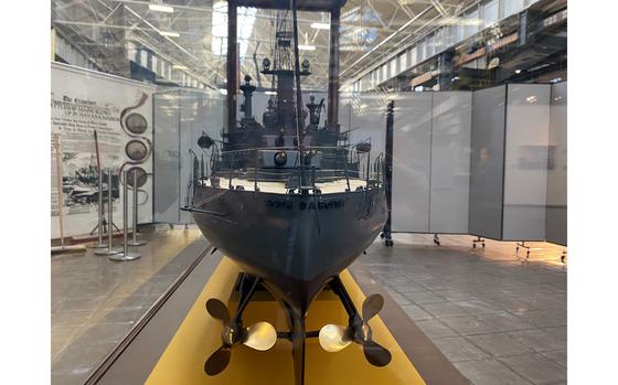 The stern of the Navy's century-old model of the battleship USS South Carolina, which was moved in its case at the Washington Navy Yard in December as the Navy prepares for a new national museum in Washington, D.C. MUST CREDIT: Washington Post photo by Michael E. Ruane