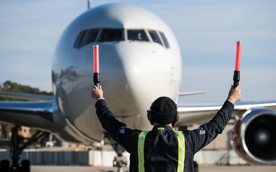 A Patriot Express flight carrying U.S. service members and their families arrives at Osan Air Base, South Korea, Oct. 28, 2020.